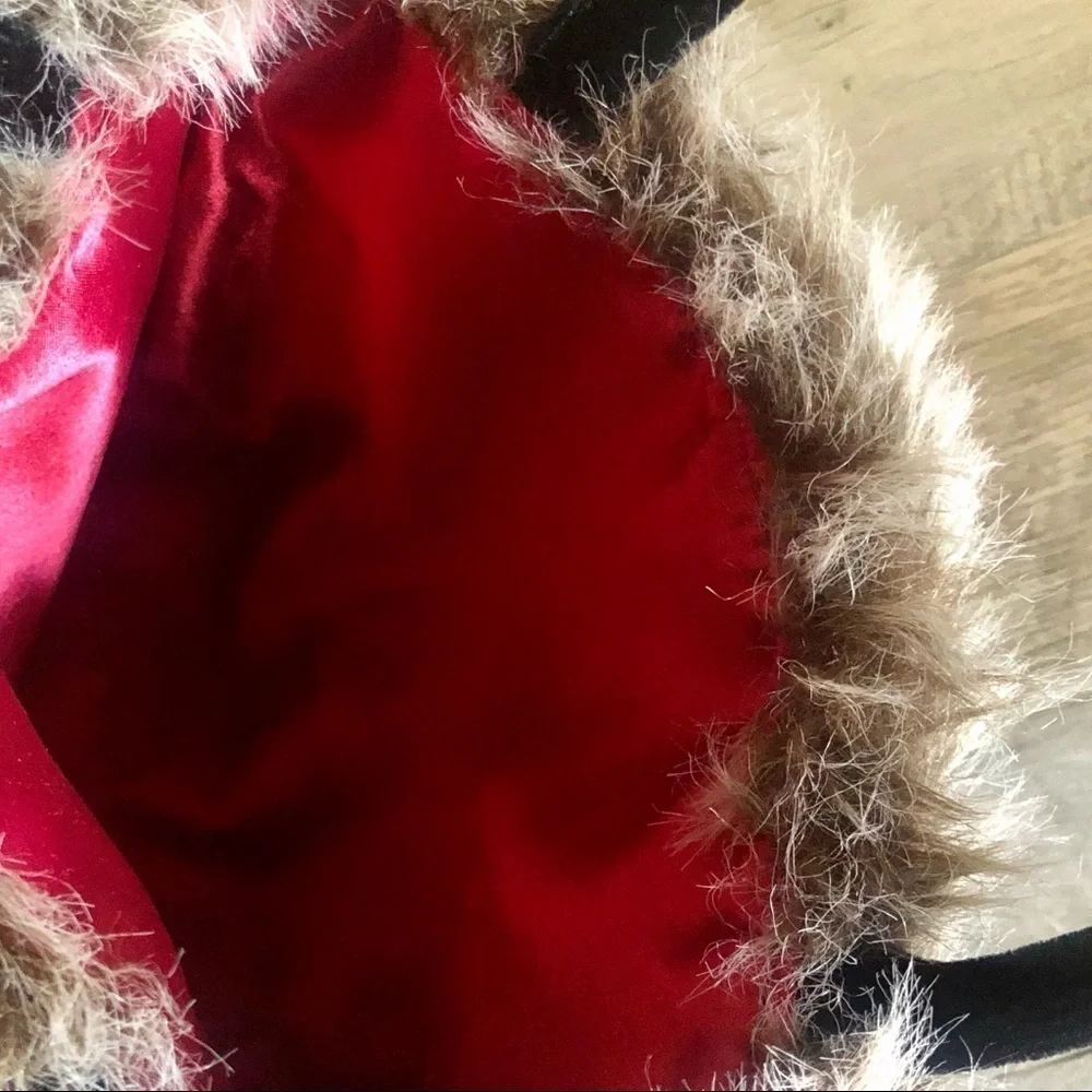 Boutique Faux Fur Shearling Black Velour Satchel Boho Y2K Handbag Red Lining